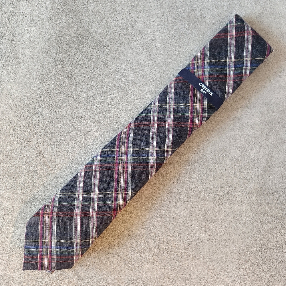 Daniel Cremieux necktie plaid grey wool silk Slim tie academia Made Italy new$65